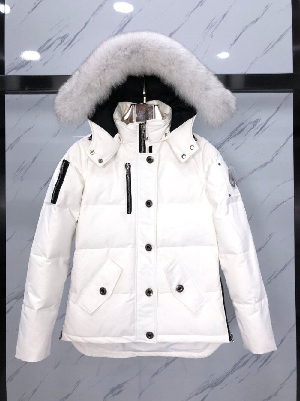 Moose Knuckles White Short Down Parka
